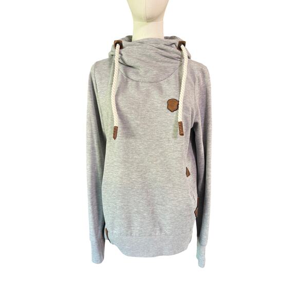 Naketano Women’s Gray Cowl Neck Hoodie Vegan Leather Trim Size L Pullover - Picture 1 of 9